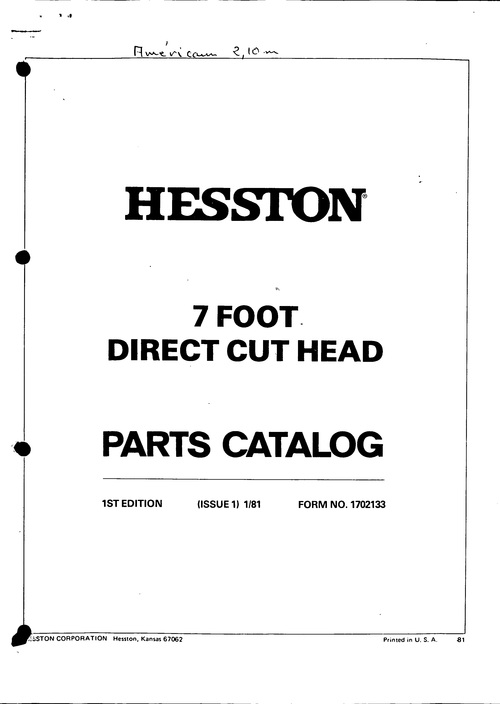 Product picture Hesston 7 Foot Direct Cut Head Service Parts Catalog PDF