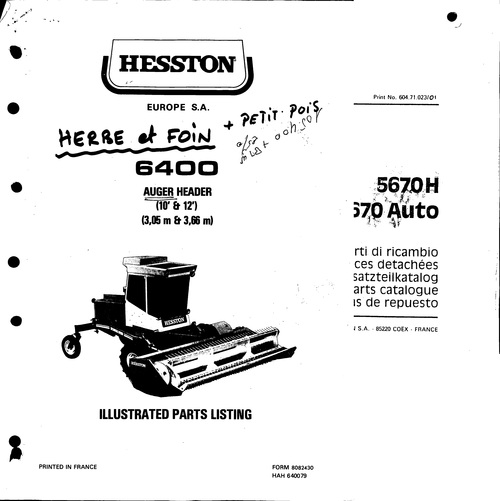 Product picture Hesston 6400 Auger Header Service Parts Catalog PDF Tractor