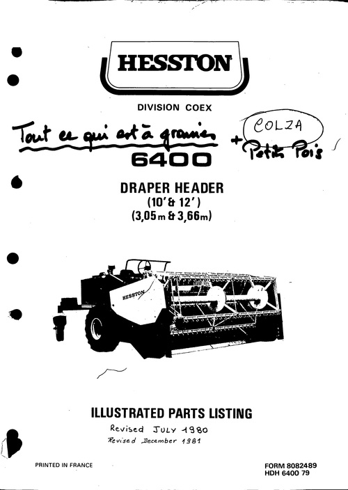 Product picture Hesston 6400 Draper header Service Parts Catalog PDF Tractor