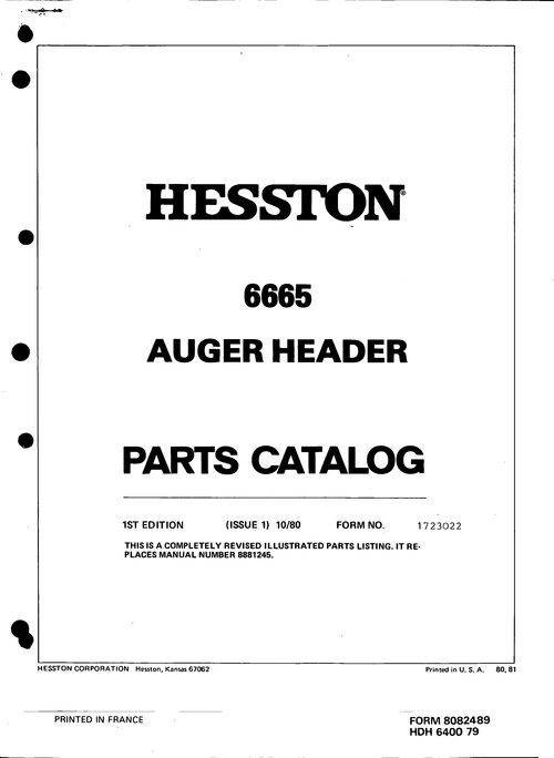Product picture Hesston 6665 Auger Header Service Parts Catalog PDF Tractor