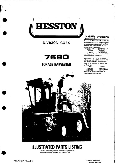 Product picture Hesston 7680 Forage Harvester Service Parts Catalog PDF